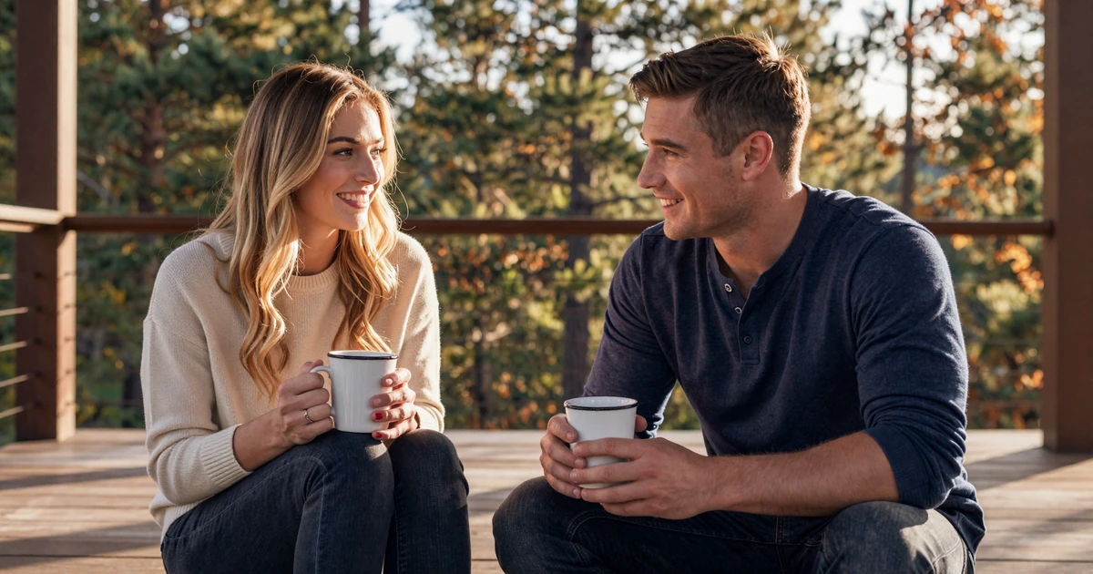 Couple laughing over coffee on a porch at golden hour - finding love in the military