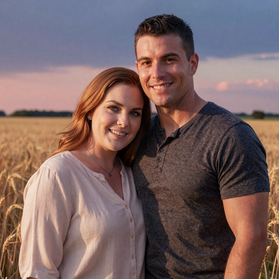 Frances and Adrian, an Army couple, smiling in a Kansas wheat field at sunset - military dating success story