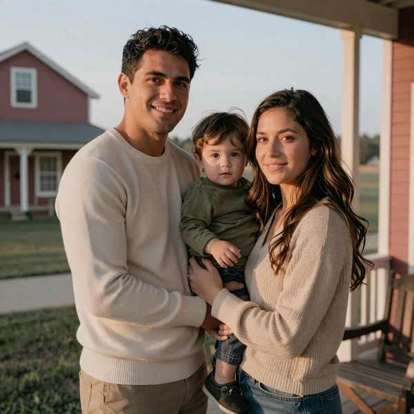 Adrian and Francis with their son on the porch - long distance military relationship success story