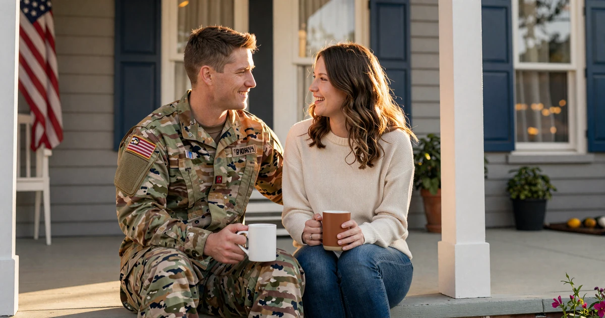 Military couple sharing coffee on a porch at golden hour - long-term military dating advice