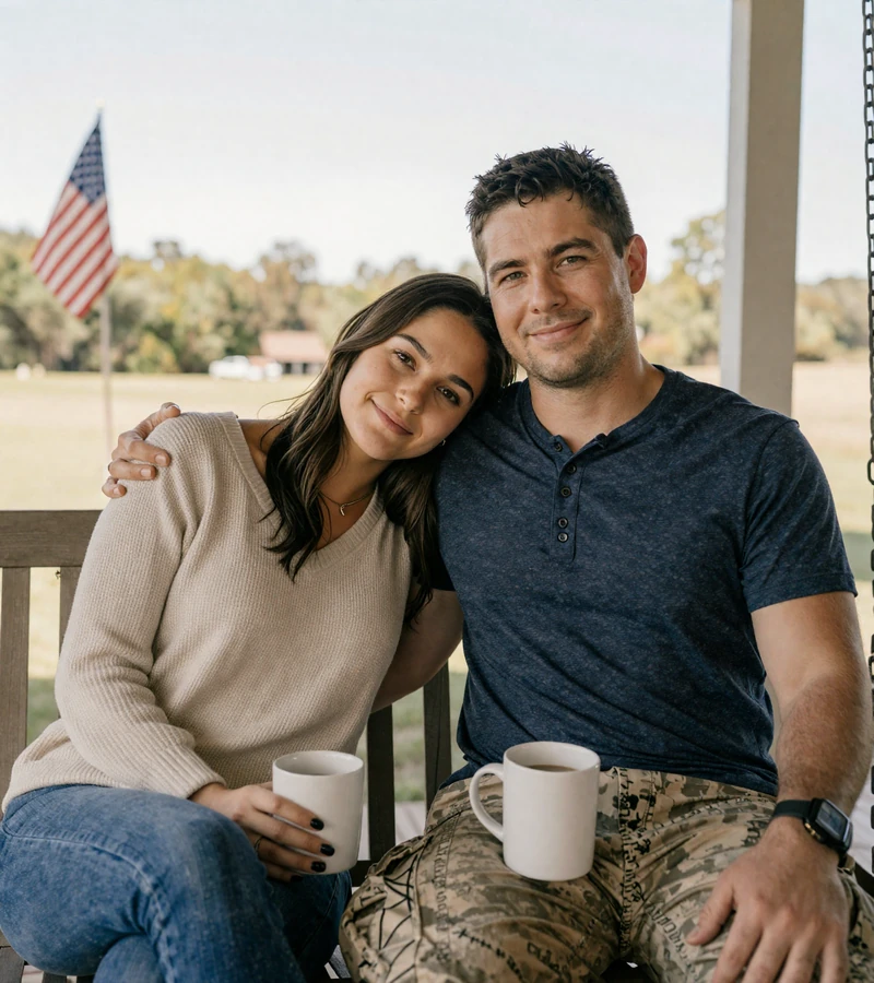 Active duty military couple on a porch swing - deployment-friendly dating on Military Hearts