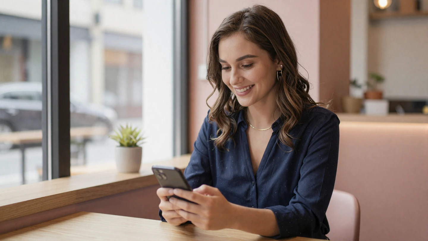 Woman comparing military dating sites and traditional dating apps on her phone at a sunlit cafe