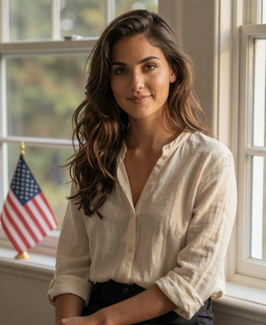 Verified single woman smiling warmly by a sunlit window on the Military Hearts military dating site