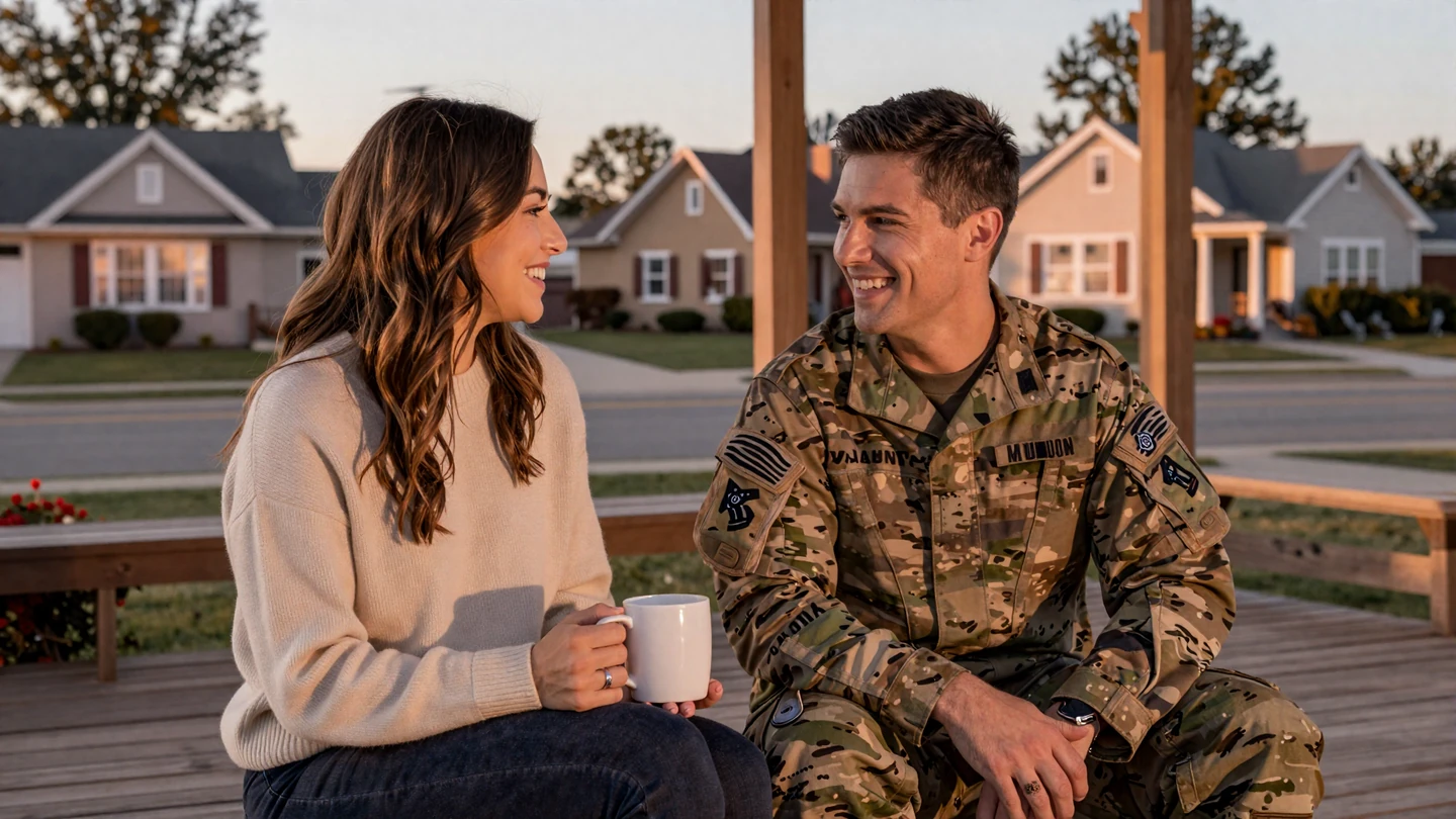 Woman in cream sweater laughing with her active duty Army officer boyfriend on a porch at golden hour - dating a military man
