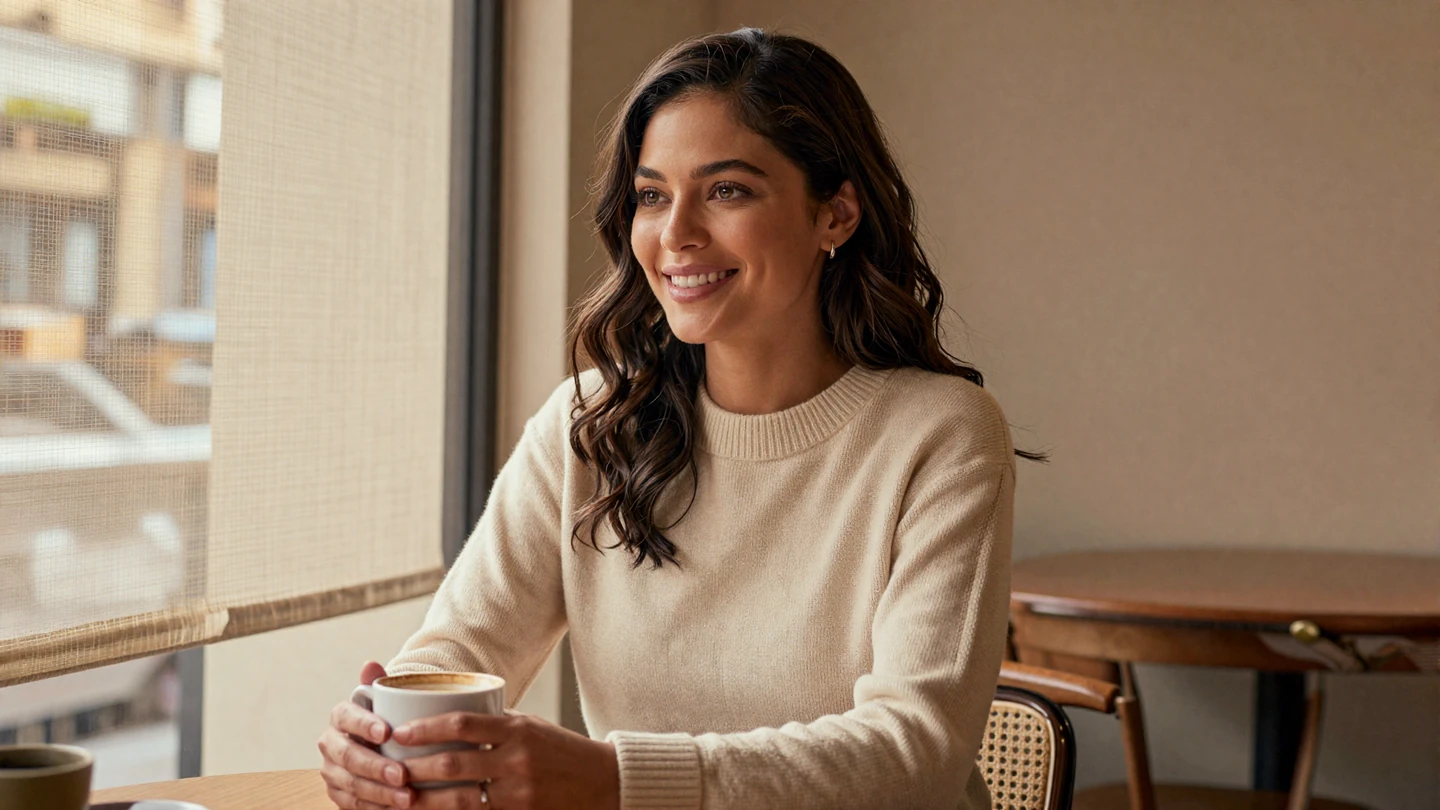 Thoughtful young woman at a sunlit cafe - how women view military men today