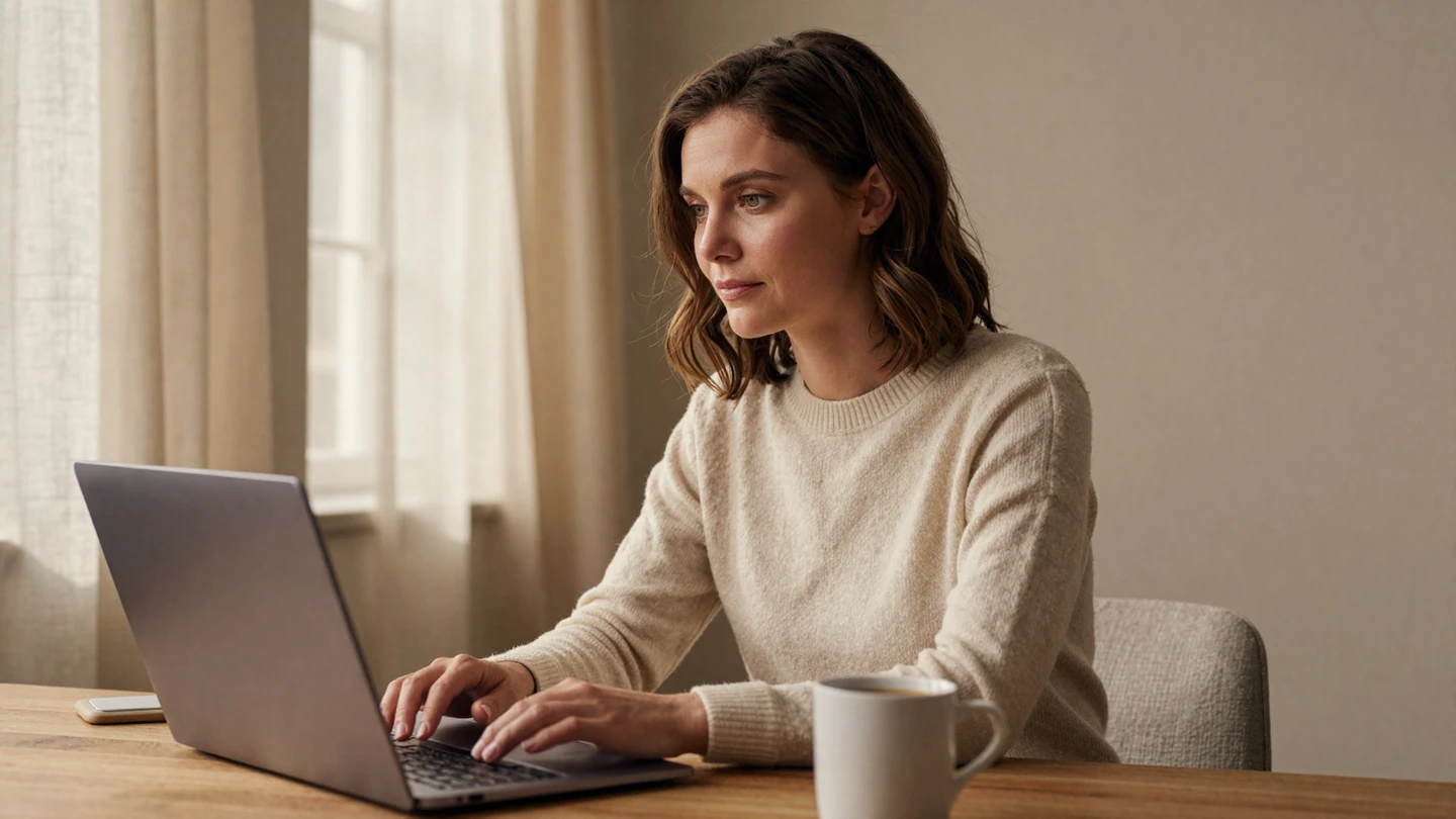 Woman carefully reviewing a dating profile on her laptop - military dating scams safety guide